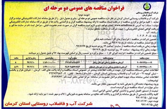 فراخوان مناقصه عمومی،فراخوان مناقصه های آبرسانی به مجتمع روستایی- نوبت دوم
