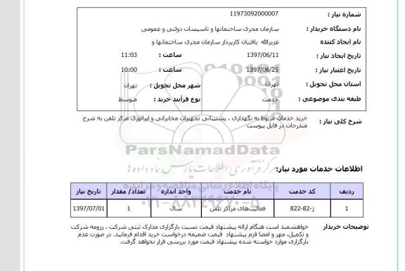 استعلام, خرید خدمات مربوط به نگهداری، پشتیبانی تجهیزات مخابراتی و اپراتوری مرکز تلفن