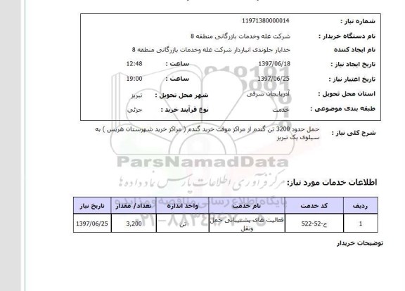 استعلام, حمل حدود 3200 تن گندم 