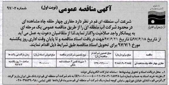 آگهی مناقصه عمومی، مناقصه حفاری چهار حلقه چاه مشاهده ای 