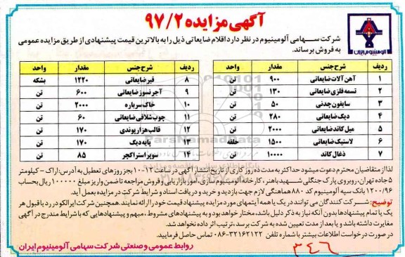 آگهی مزایده, مزایده آهن الات ضایعاتی و ...