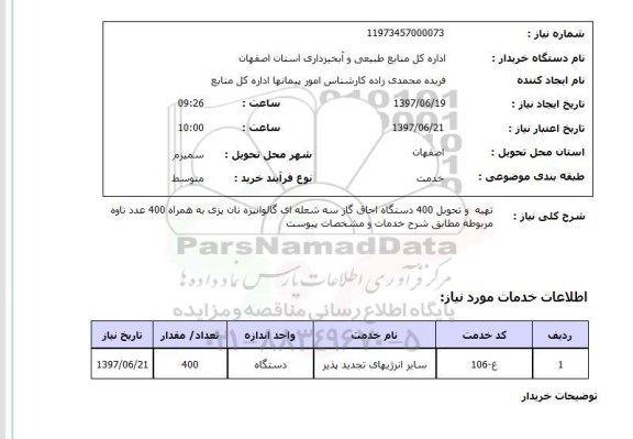 استعلام, تهیه و تحویل 400 دستگاه اجاق گاز سه شعله ای گالوانیزه نان پزی 
