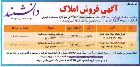 مزایده,مزایده فروش املاک مساحت 262.16 و 262.16متر کاربری اداری مسکونی