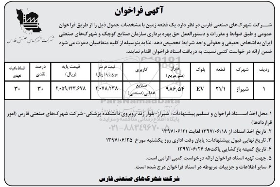 آگهی فراخوان, فراخوان واگذاری یک قطعه زمین
