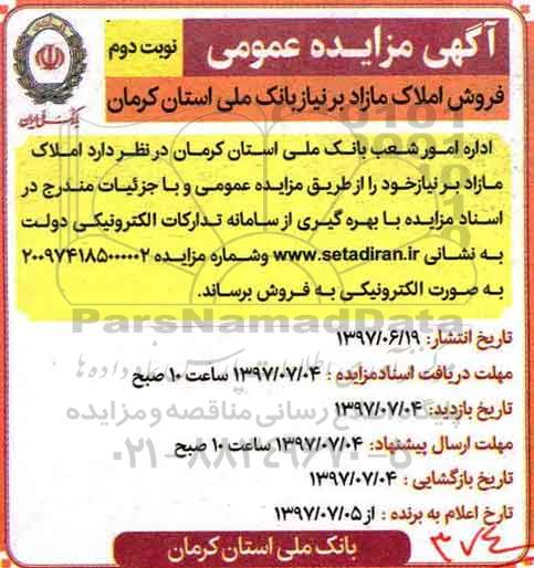 مزایده, مزایده فروش املاک مازاد بر نیاز نوبت دوم 
