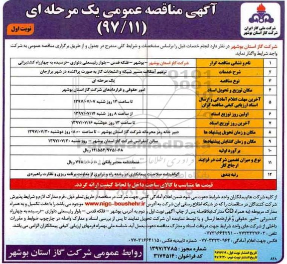 مناقصه عمومی, مناقصه ترمیم آسفالت مسیر شبکه و انشعابات گاز