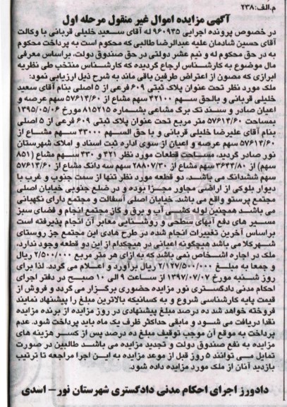 مزایده,مزایده ملک پلاک ثبتی 609 فرعی از 5 اصلی نوبت اول