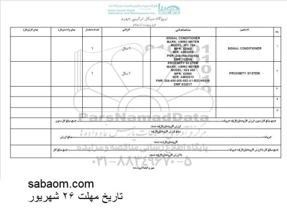 استعلام, استعلام SIGNAL CONDITIONER - PROXIMITY SYSTEM