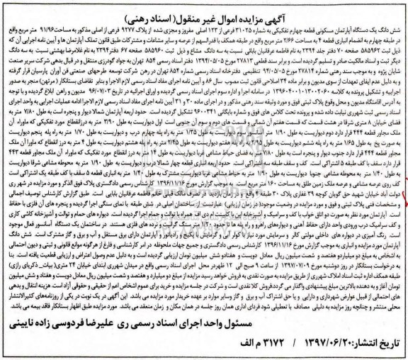 مزایده,مزایده ششدانگ آپارتمان قطعه 4 تفکیکی مساحت 91.96متر