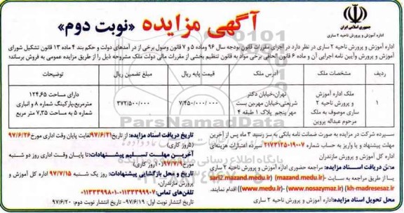 مزایده ,مزایده ملک مساحت 124.65متر نوبت دوم 