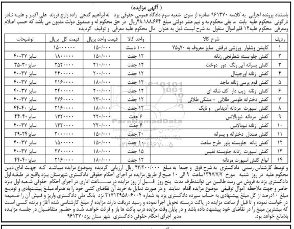 مزایده, مزایده کاپشن و شلوار ورزشی - کفش جلو بسته ...