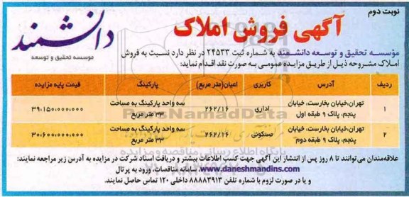 مزایده,مزایده فروش املاک مساحت 262.16 و 262.16متر کاربری اداری مسکونی نوبت دوم 