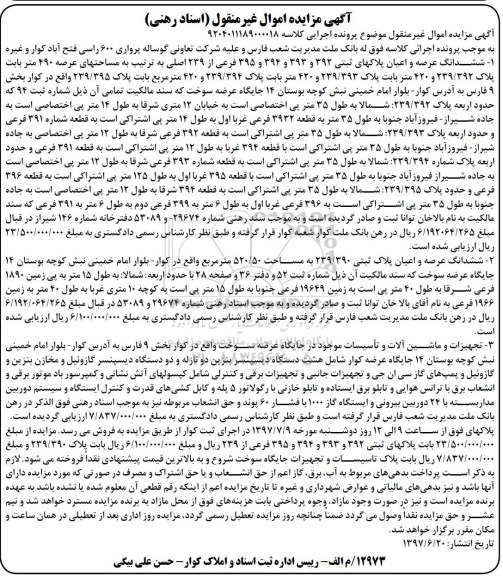 مزایده,مزایده ششدانگ پلاک های ثبتی 392 و 393 و 394 و 395 فرعی