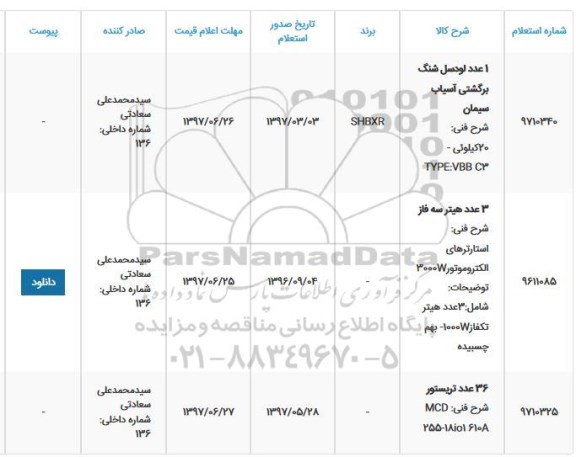 استعلام , استعلام 1 عدد لودسل شنگ برگشتی آسیاب سیمان