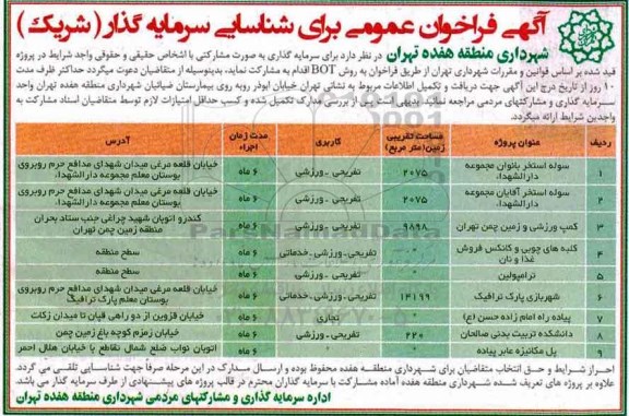 آگهی فراخوان عمومی, فراخوان عمومی شناسایی سرمایه گذار 
