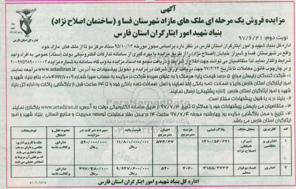 مزایده,مزایده ملک های مازاد مساحت 576.67 و 520متر نوبت دوم 