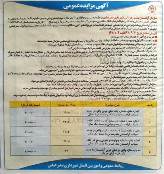 مزایده عمومی, مزایده واگذاری 14 باب مغازه ...
