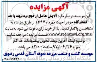 آگهی مزایده, مزایده واگذاری آلایش حاصل از ذبح بره نرینه