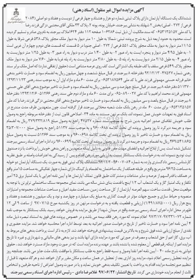 مزایده, مزایده ششدانگ آپارتمان مساحت 96.25متر دو خوابه