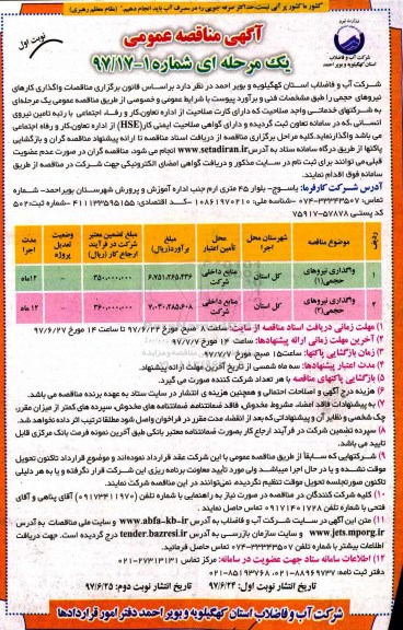 آگهی مناقصه عمومی, مناقصه واگذاری کارهای نیروهای حجمی 