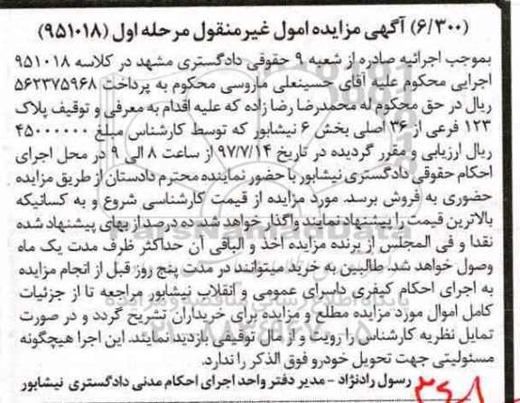 مزایده,مزایده پلاک 123 فرعی از 36 اصلی بخش شش نیشابور