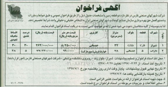 آگهی فراخوان, فراخوان واگذاری دو  قطعه زمین
