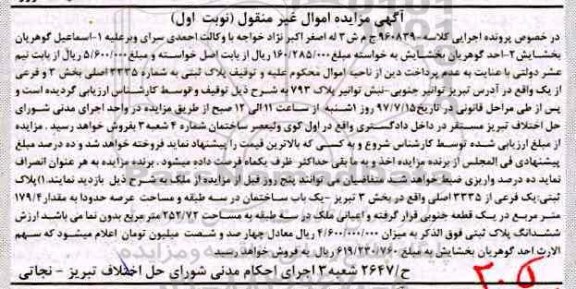 مزایده,مزایده پلاک ثبتی مساحت عرصه 179.4متر نوبت اول