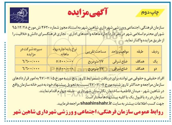 مزایده, مزایده اجاره واحدهای اداری تجاری فرهنگسرا- نوبت دوم 