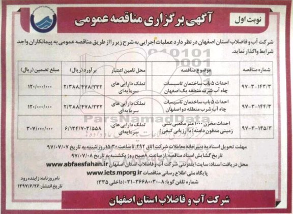 آگهی برگزاری مناقصه عمومی, مناقصه احداث 5 باب ساختمان تاسیسات چاه آب 