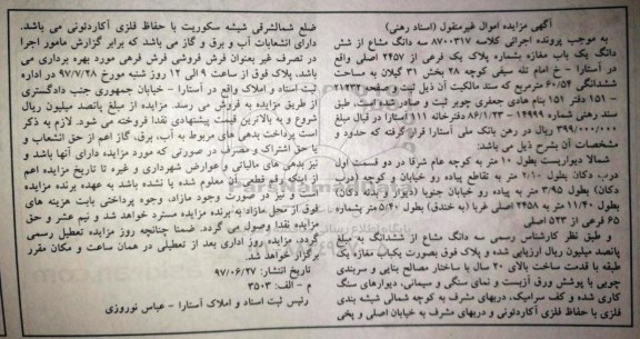 مزایده, مزایده سه دانگ مشاع از شش دانگ یک باب مغازه