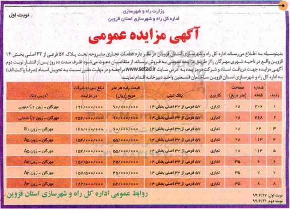 مزایده,مزایده فروش قطعات تجاری تحت پلاک 57 فرعی از 33 اصلی