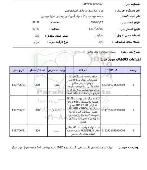 استعلام, ست، صافی و پودر دیالیز 