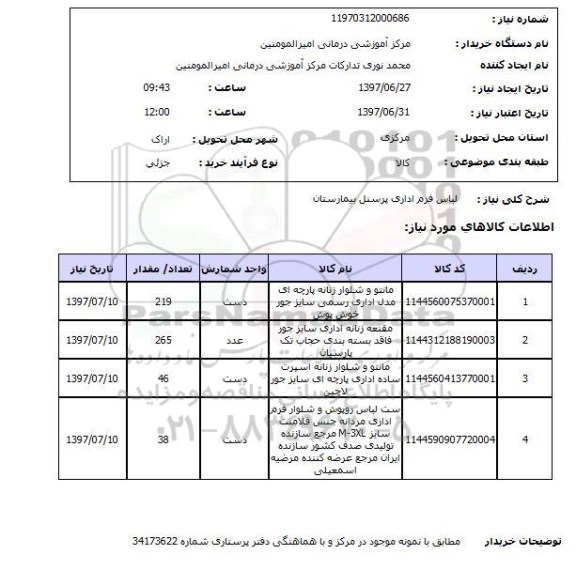 استعلام, لباس فرم اداری پرسنل بیمارستان 
