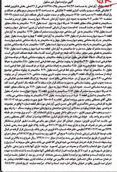 مزایده,مزایده آپارتمان مساحت 48/94 دسیمتر قطعه 7 تفکیکی 