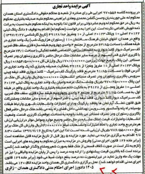 مزایده,مزایده یک واحد تجاری مساحت 63/85 مترمربع