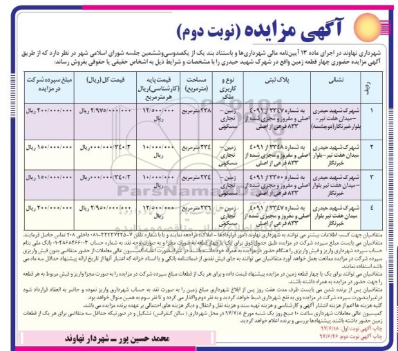 مزایده ،مزایده فروش 4 قطعه زمین نوبت دوم  