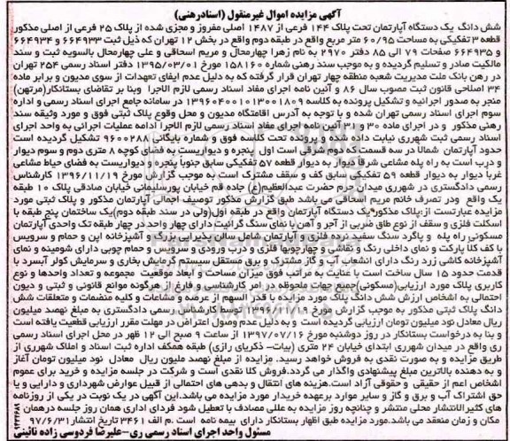 مزایده،مزایده شش دانگ یک دستگاه آپارتمان مساحت 60/95 مترمربع