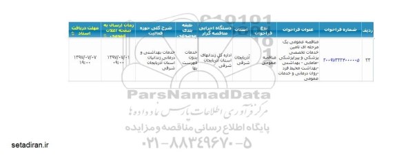 مناقصه عمومی تامین خدمات تخصصی پزشکی و پیراپزشکی ... 