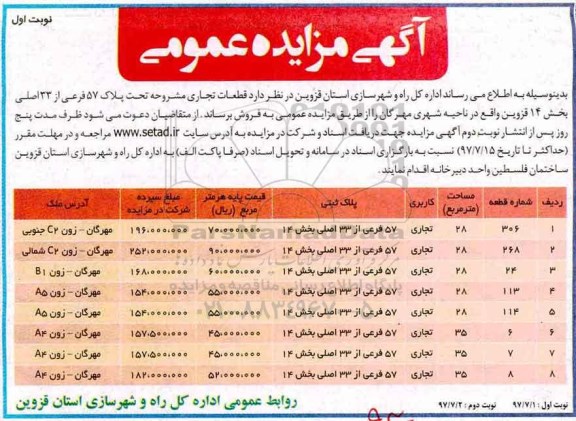 مزایده,مزایده فروش قطعات تجاری ناحیه شهری مهرگان 