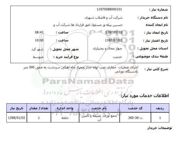 استعلام; استعلام اجرای عملیات حفاری نصب لوله جدار و...