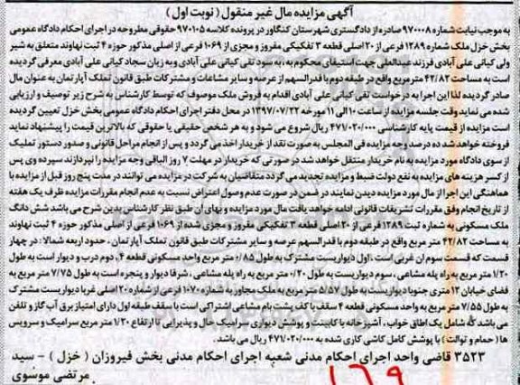 مزایده,مزایده ششدانگ ملک مسکونی 42.82 مترمربع
