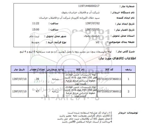استعلام; استعلام لوله مانیسمان بدون درز...