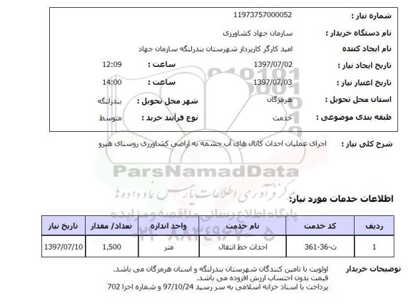 استعلام; استعلام اجرای عملیات احداث کانال های آب چشمه ...