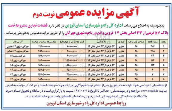 مزایده,مزایده فروش قطعات تجاری ناحیه شهری مهرگان نوبت دوم