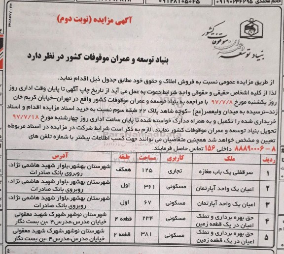 مزایده,مزایده فروش املاک کاربری تجاری ، مسکونی  نوبت دوم 
