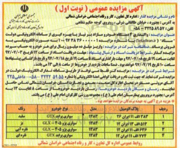 مزایده عمومی, مزایده واگذاری 4 دستگاه خودرو مازاد