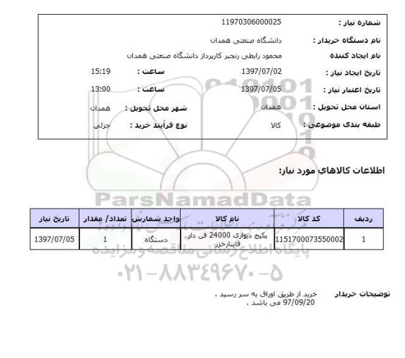 استعلام, استعلام پکیج دیواری 24000 فن دار ...