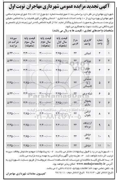 آگهی تجدید مزایده عمومی , مزایده بهره برداری از 10 واحد احداث شده تجاری، خدماتی تجدید