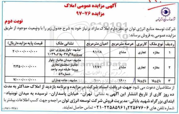 مزایده,مزایده املاک مازاد با کاربری تجاری ، باغ ویلا نوبت دوم