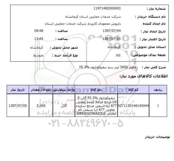 استعلام , استعلام مقدار 3000 لیتر سم دیفنوکونازول 3% fs